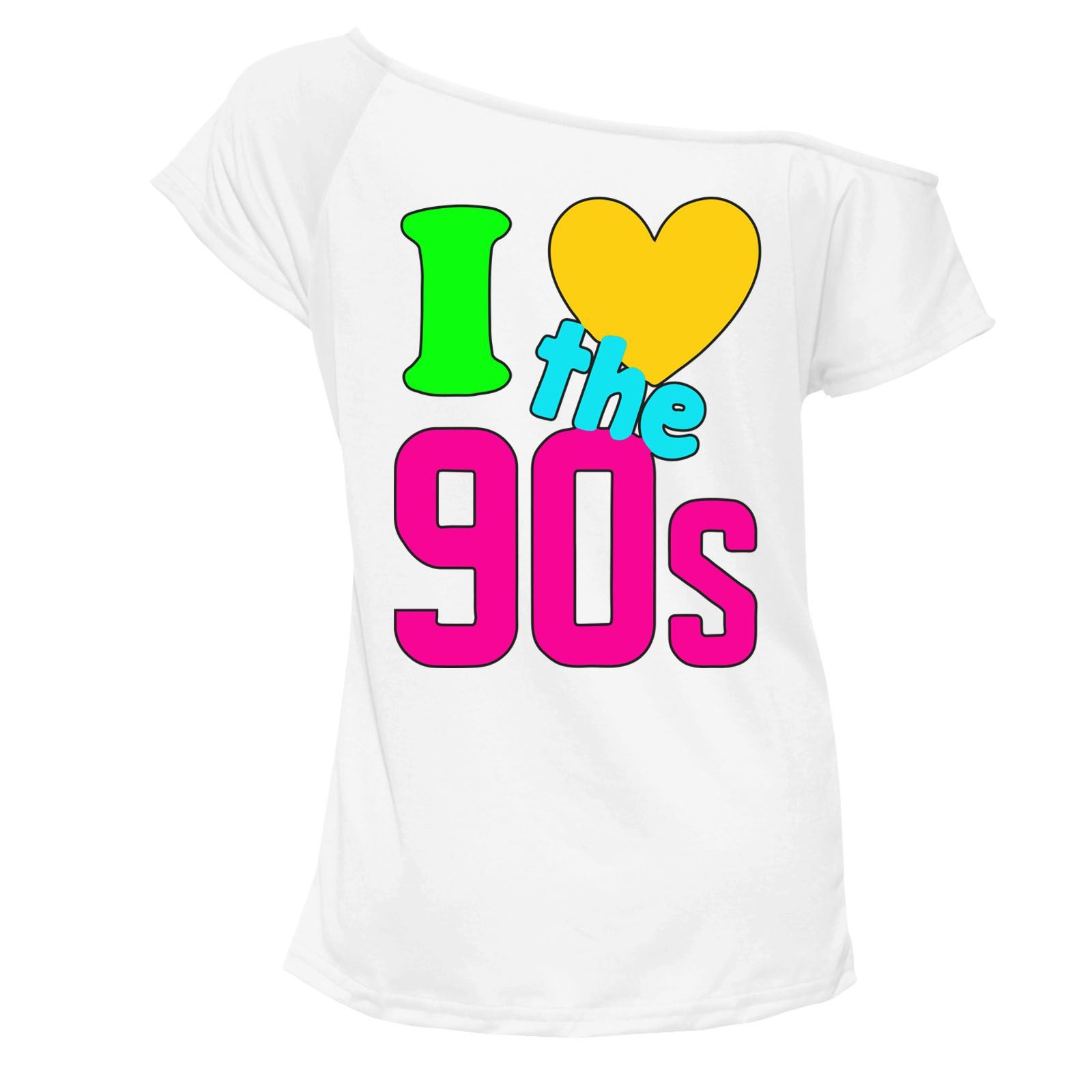 Ladies I Love The 90s Off Shoulder T-Shirt Retro Pop Music Graphic Top Women UK - White