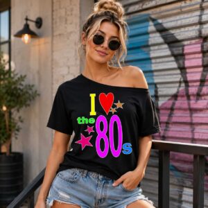 Women's Black Retro Off Shoulder T-Shirt 60s 70s 80s 90s Graphic Print Casual Top UK